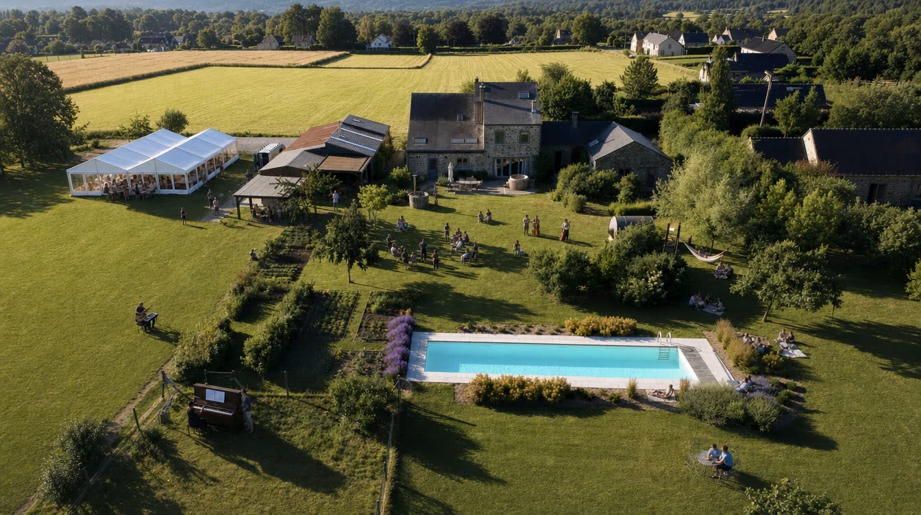 Le gîte du Champ du Coq à Gesves, vue aérienne avec la piscine