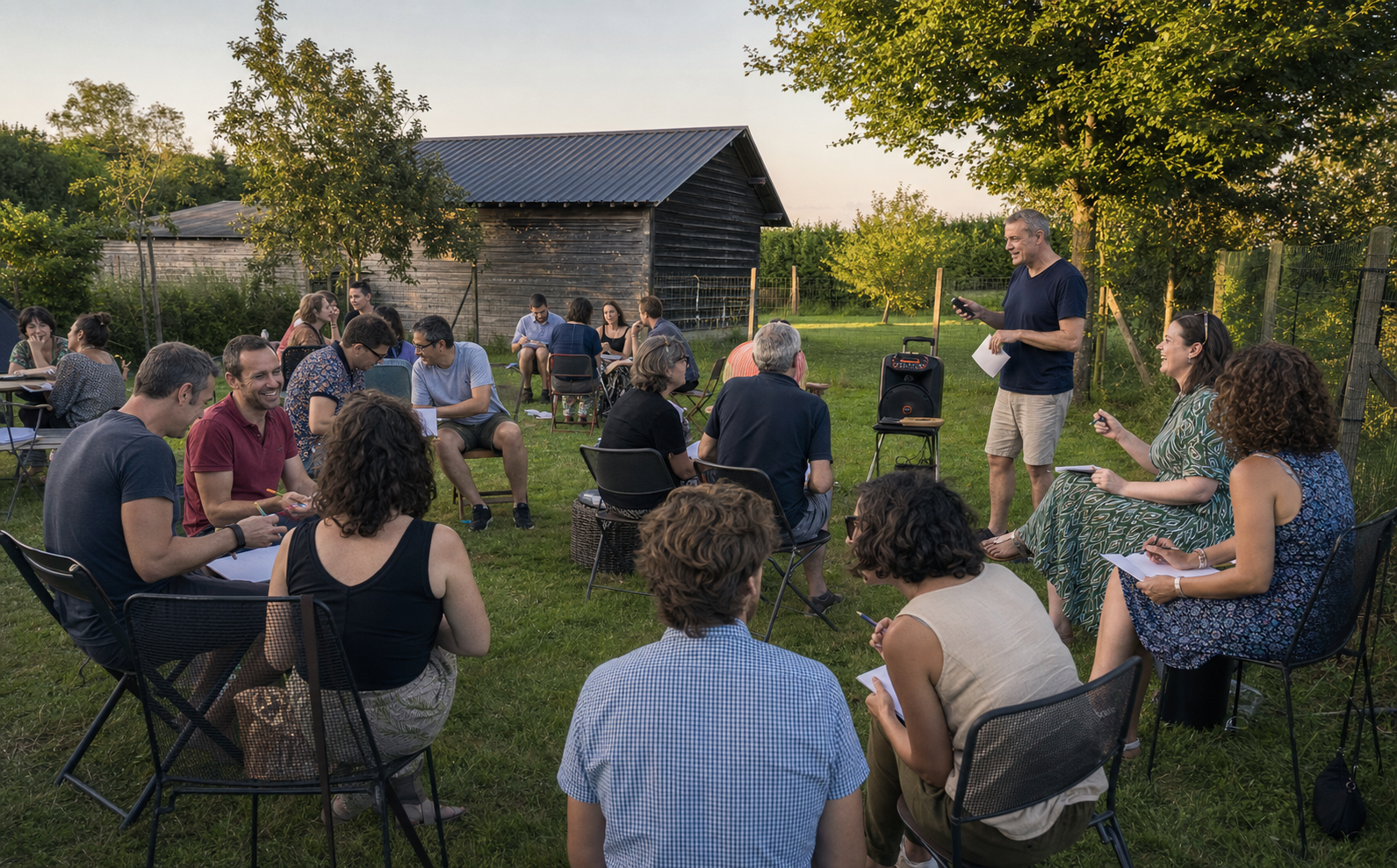 Blind test musical entre stagiaires dans le jardin du Champ du Coq