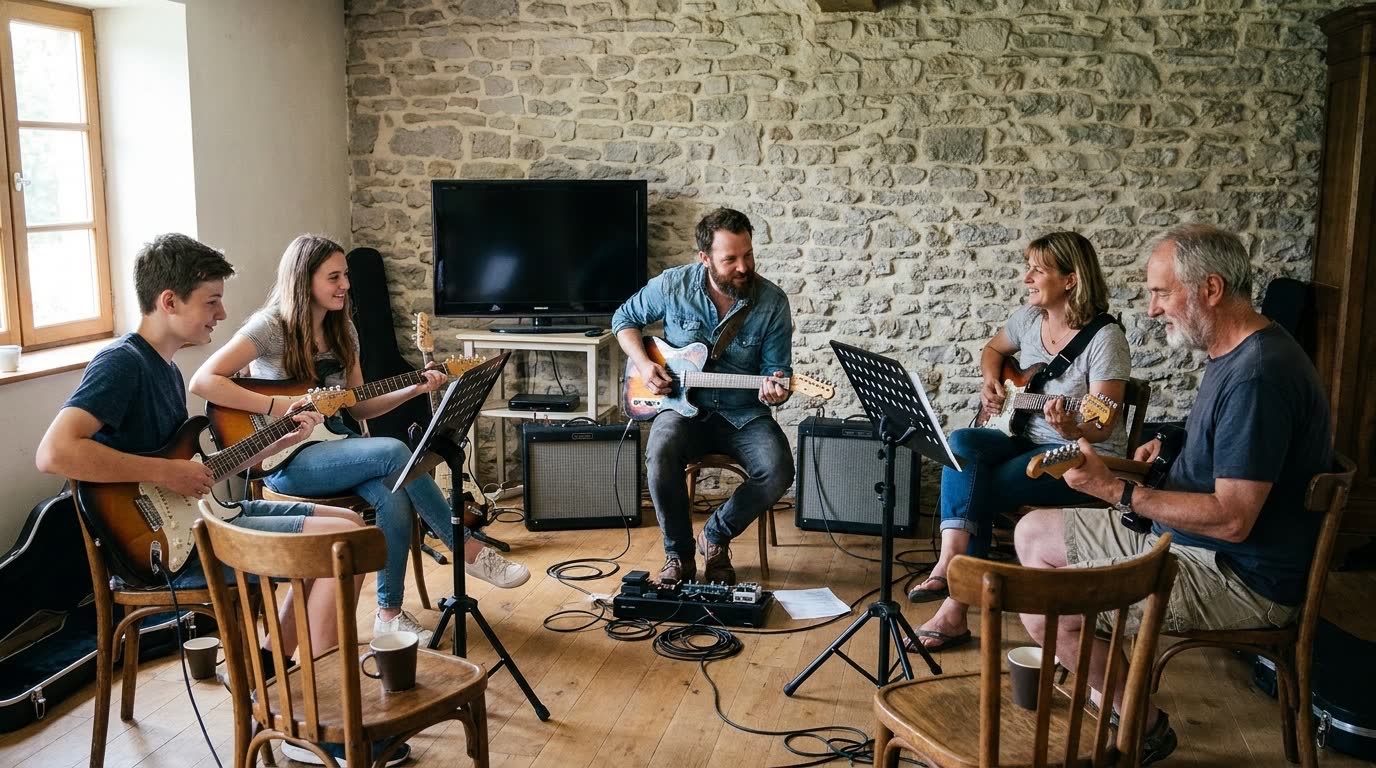 Cours de guitare du matin en petit groupe au gîte, tous âges mélangés